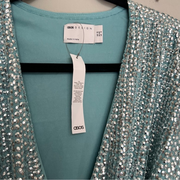 New ASOS DESIGN Wrap Mini Dress with Volume Sleeve in Mint Sequin - Picture 8 of 14